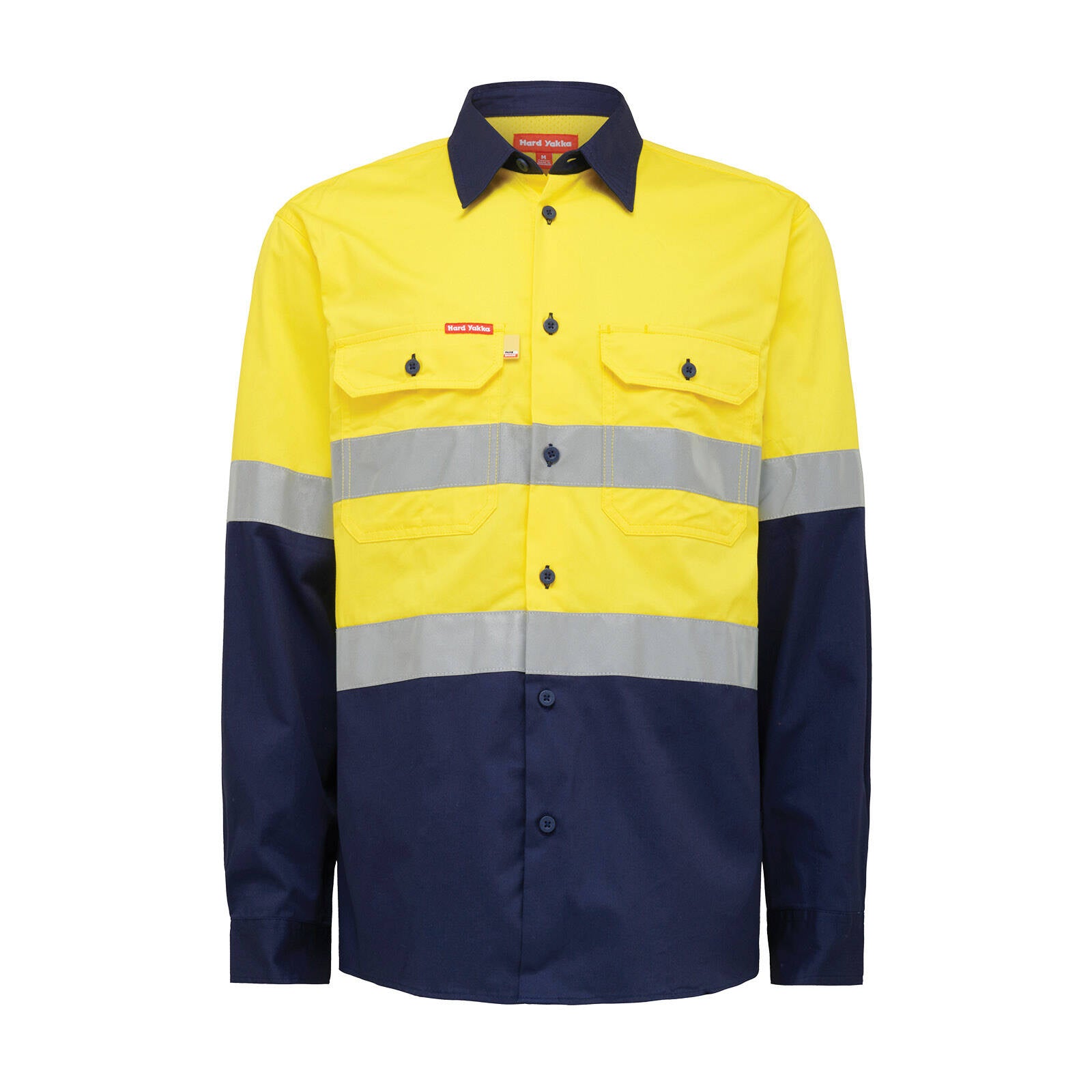 Hard Yakka Yellow/Navy Hi Vis Taped Long Sleeve Cotton Shirt Size M