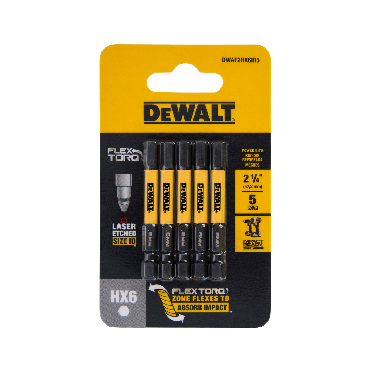 Dewalt Flextorq Screwdriver Bits 5 Pack - 57mm Hex H6 - Durable High Carbon Steel - SuperSaverAU - view 2