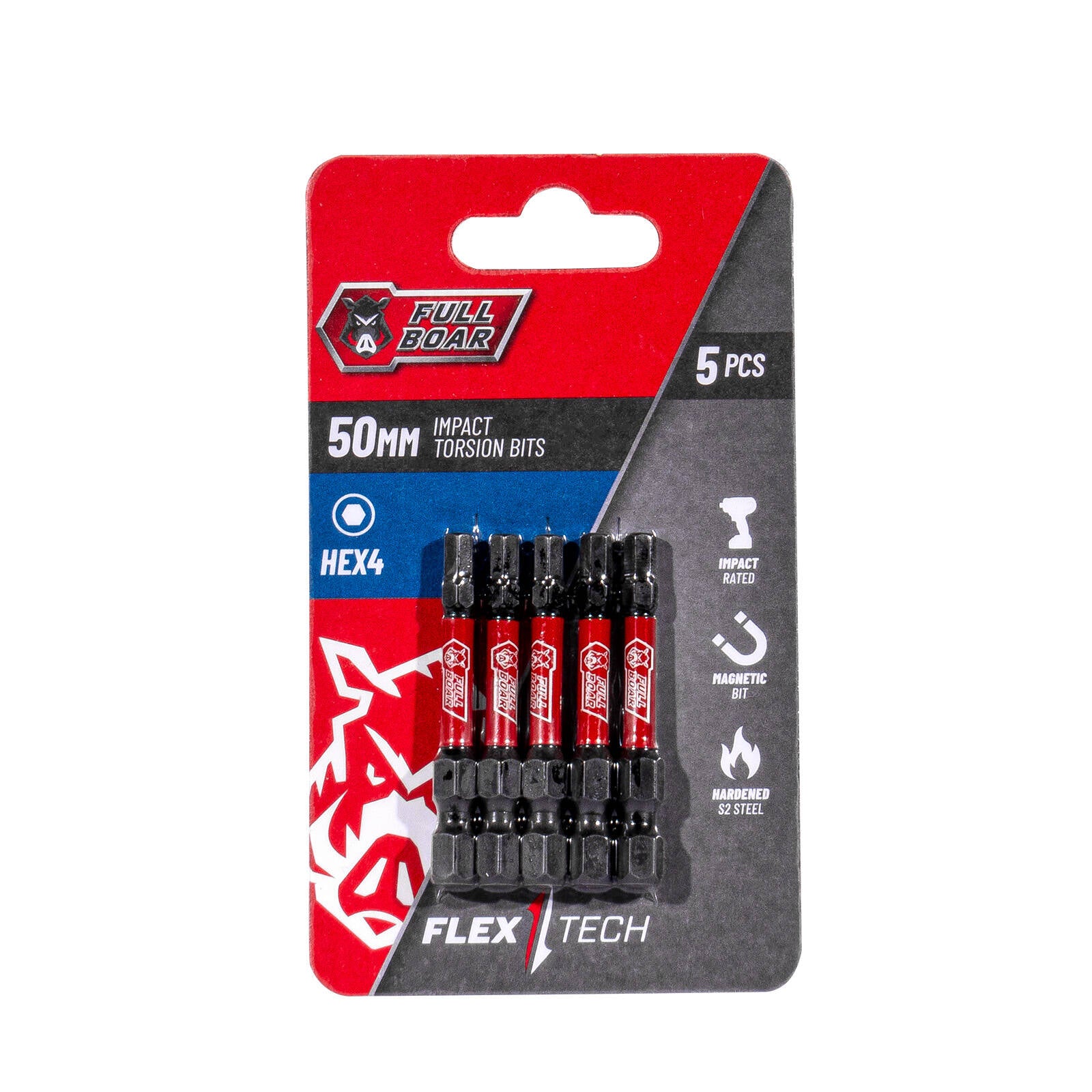 Full Boar HEX4 x 50mm S2 Steel Impact Torsion Bit Set 5 Pack FHX4-505