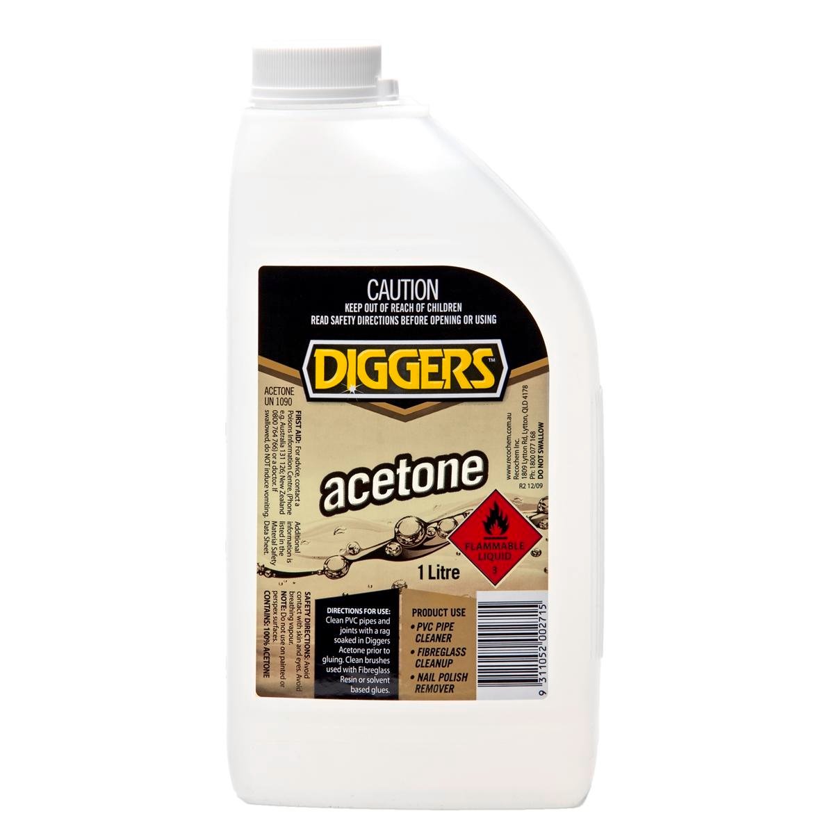 DIGGERS™ Acetone Cleaning Solvent - 1L - Liquid - Low VOC - SuperSaverAU - view 1