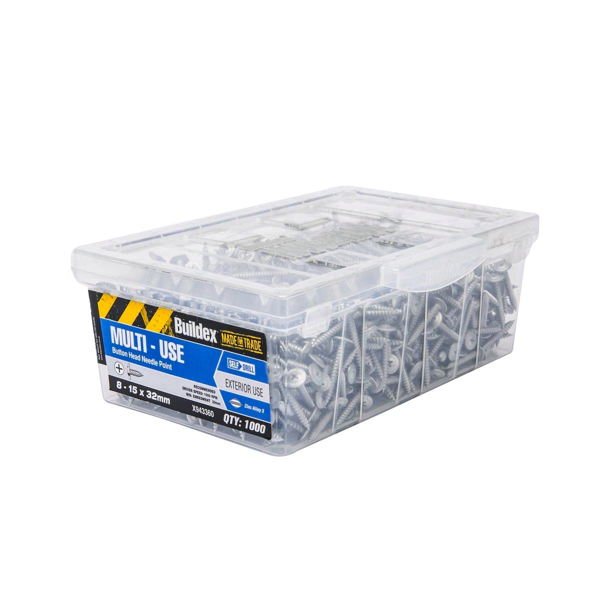 Buildex 8-15 x 32mm Galvanised Button Head Needle Point Screws - 1000 Trade Box