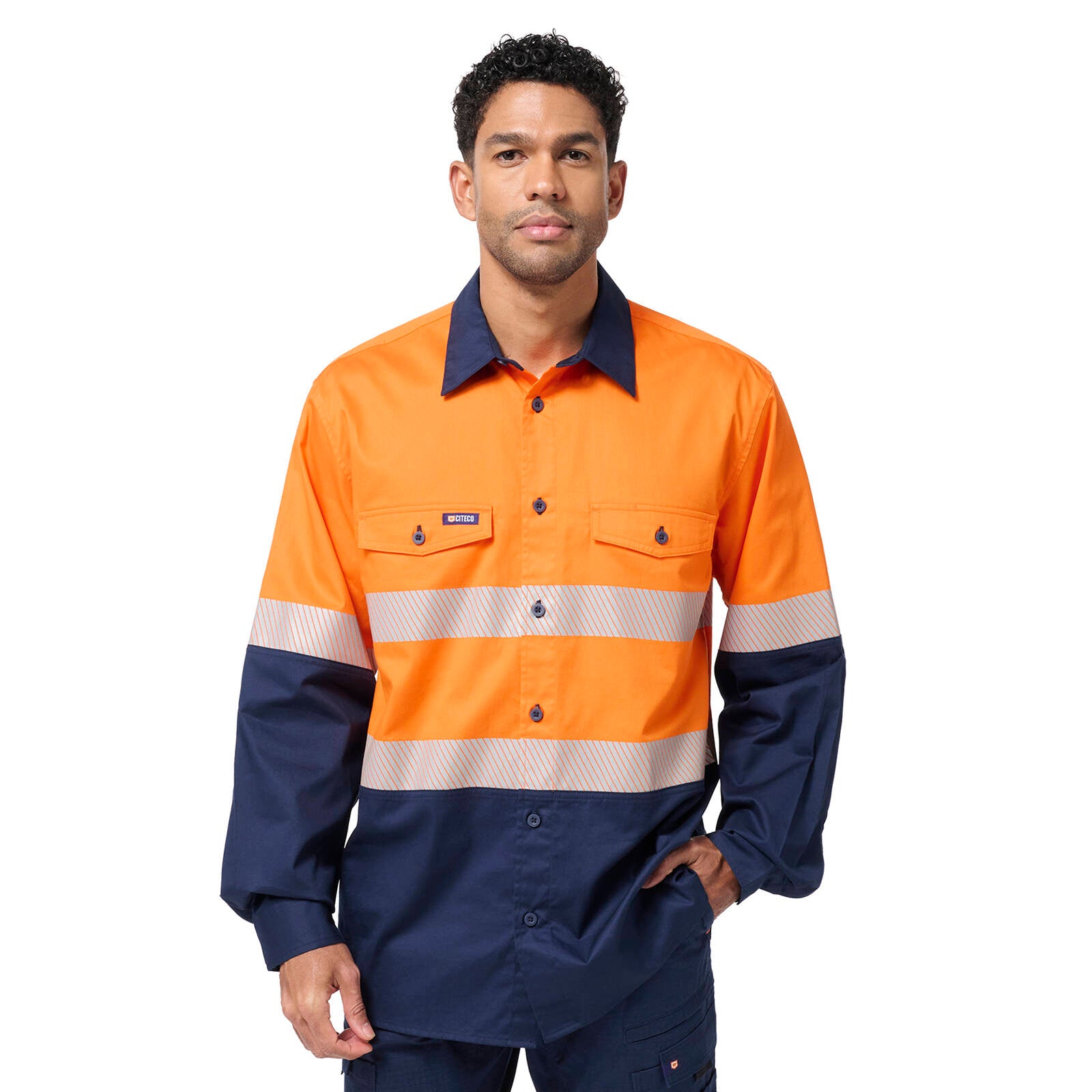 Citeco Hi Vis Taped Long Sleeve Shirt Orange/Navy Size 2XL - 100% Cotton