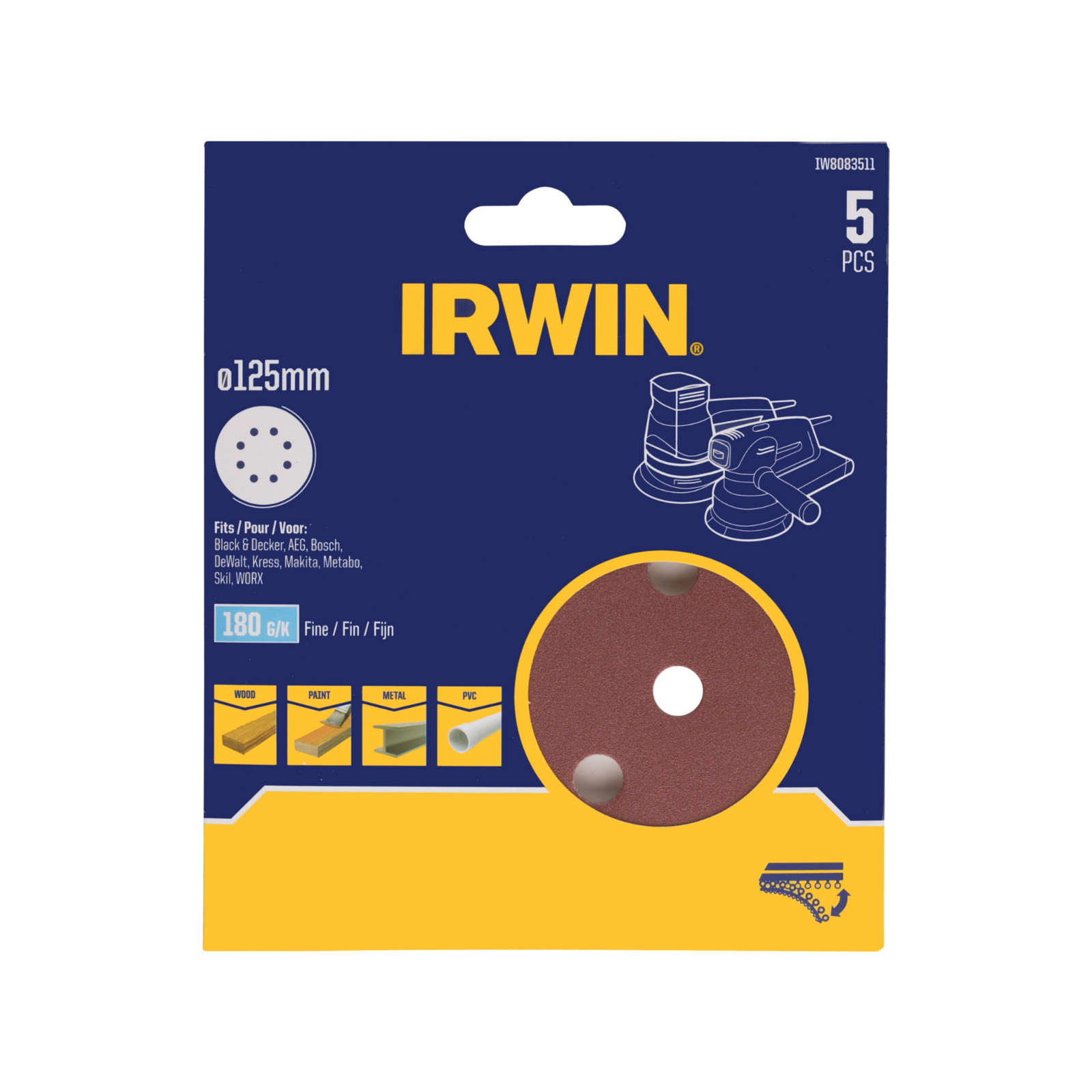 Irwin 125mm 180 Grit Quick Fit Random Orbital Sanding Discs 5 Pack, 8 Holes