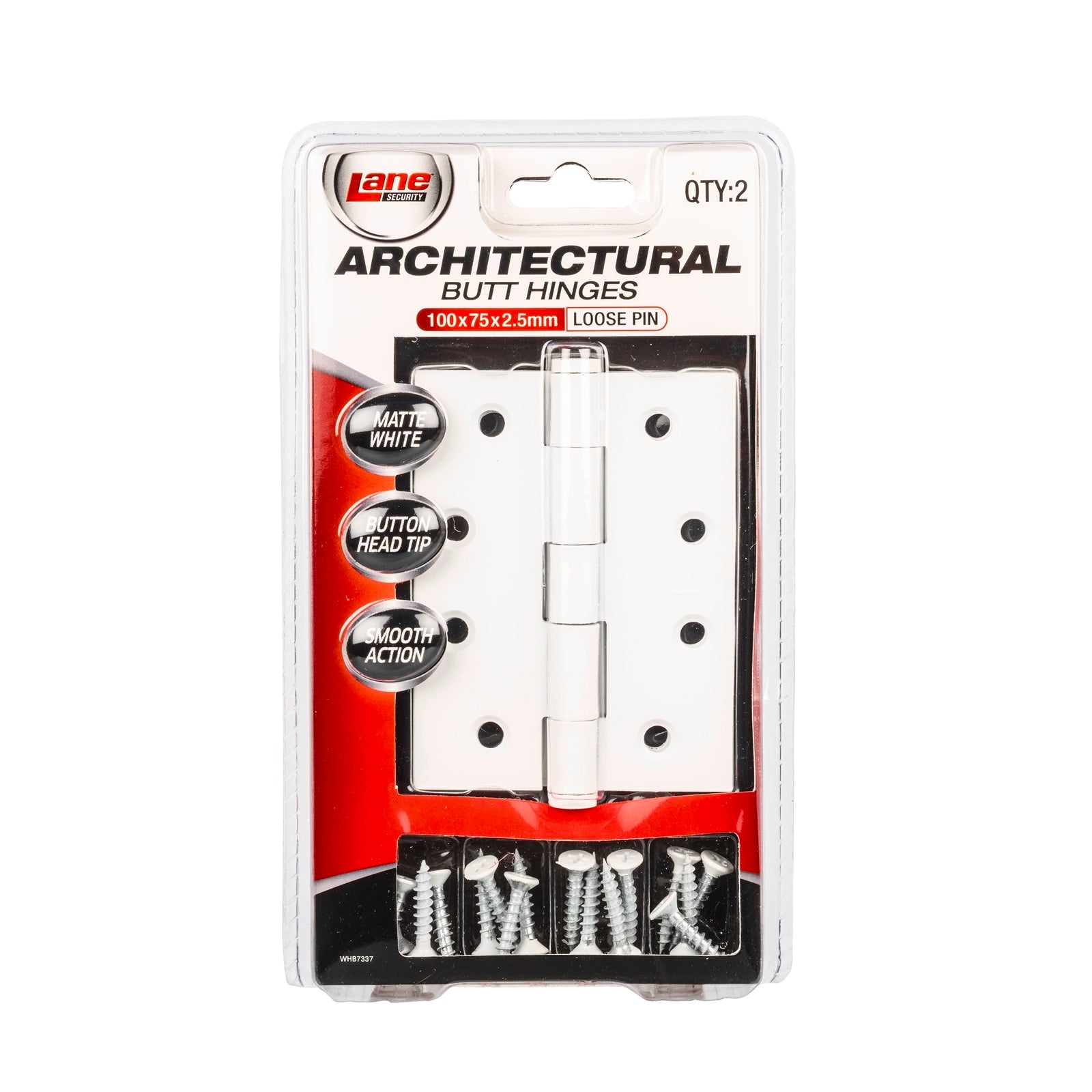 Lane 100 x 75 x 2.5mm Matte White Loose Pin Butt Hinge, Internal Doors, 2 Pack