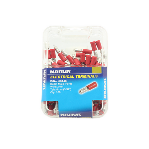 Narva 4mm Red Double Crimped Male Bullet Terminal Flared Vinyl - 100 Pack