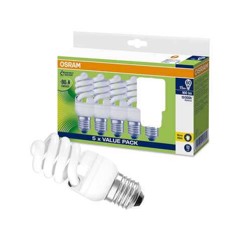 Osram 15W E27 Warm White Deluxstar Mini Twist CFL Globe, 5 Pack