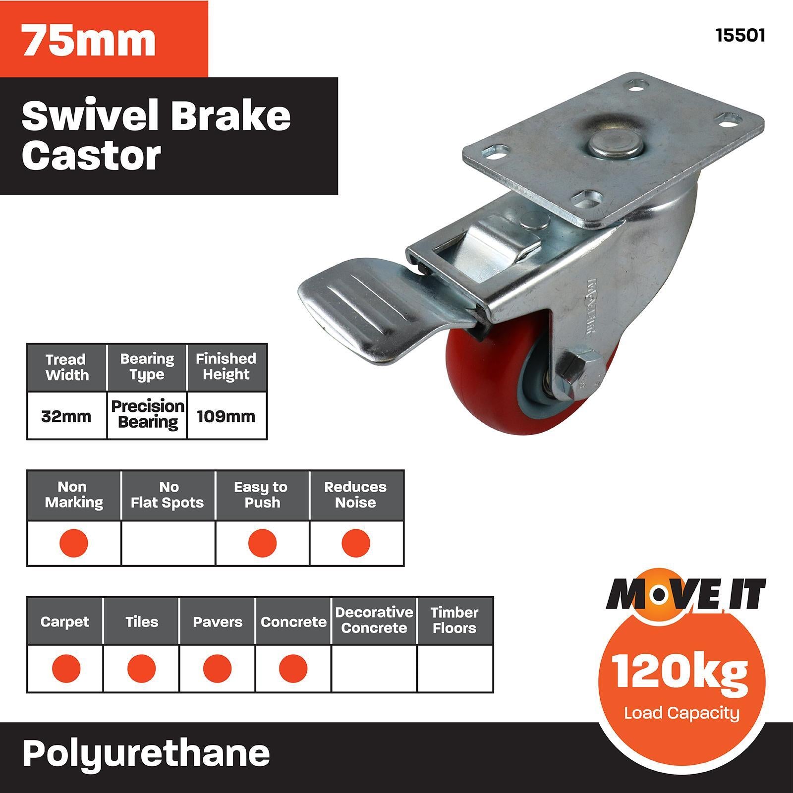 Move It 75mm Polyurethane Swivel Brake Castor 120kg Indoor Outdoor
