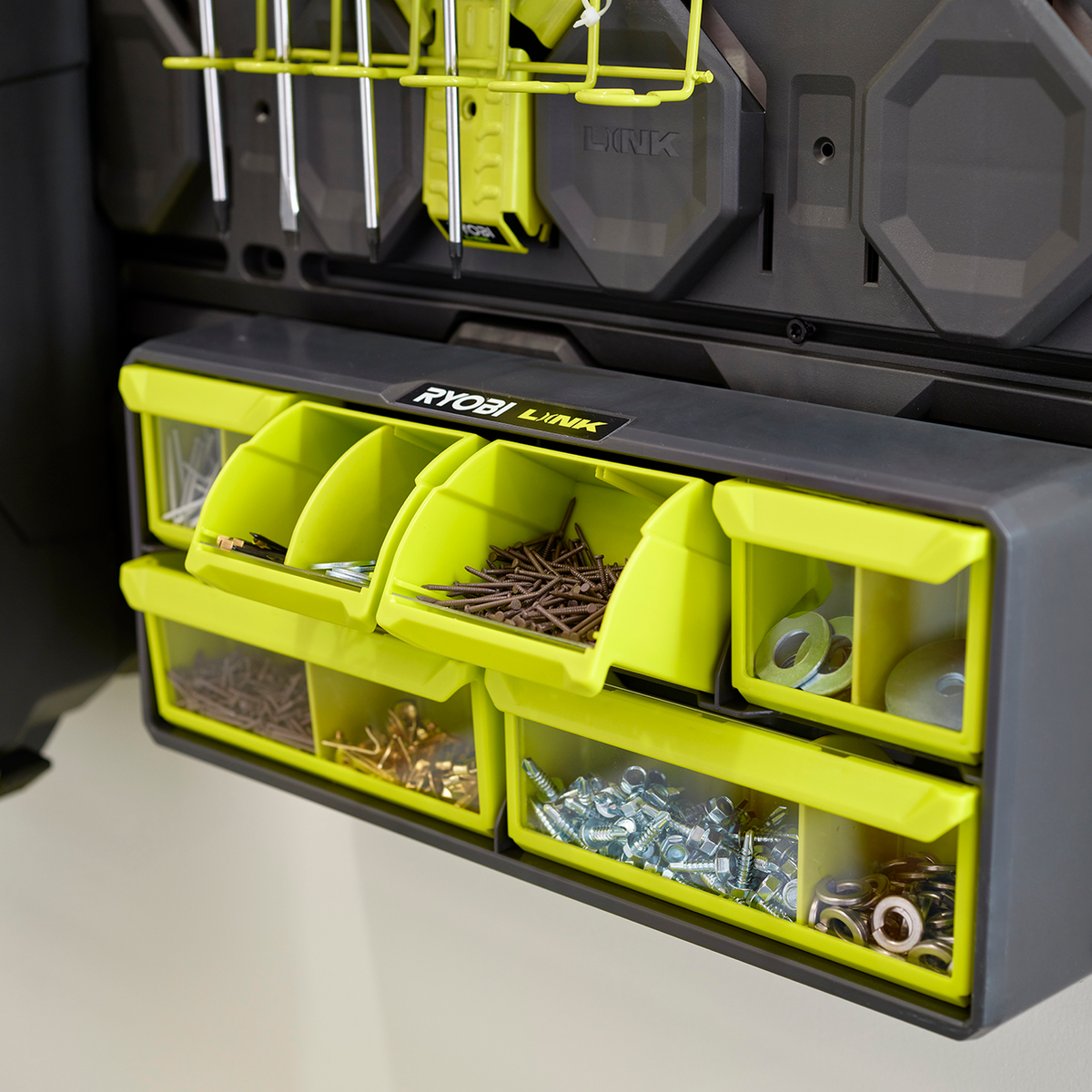 Ryobi Link Small Wall Parts Organiser - 6 Clear Bins - 168mm x 94mm x 394mm - SuperSaverAU - view 5