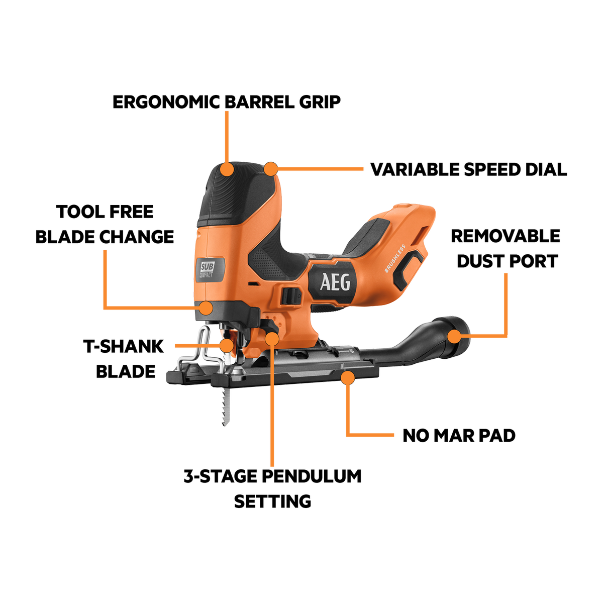 AEG 18V Brushless Sub Compact Barrel Grip Jigsaw A18SBJSBL0, Skin Only