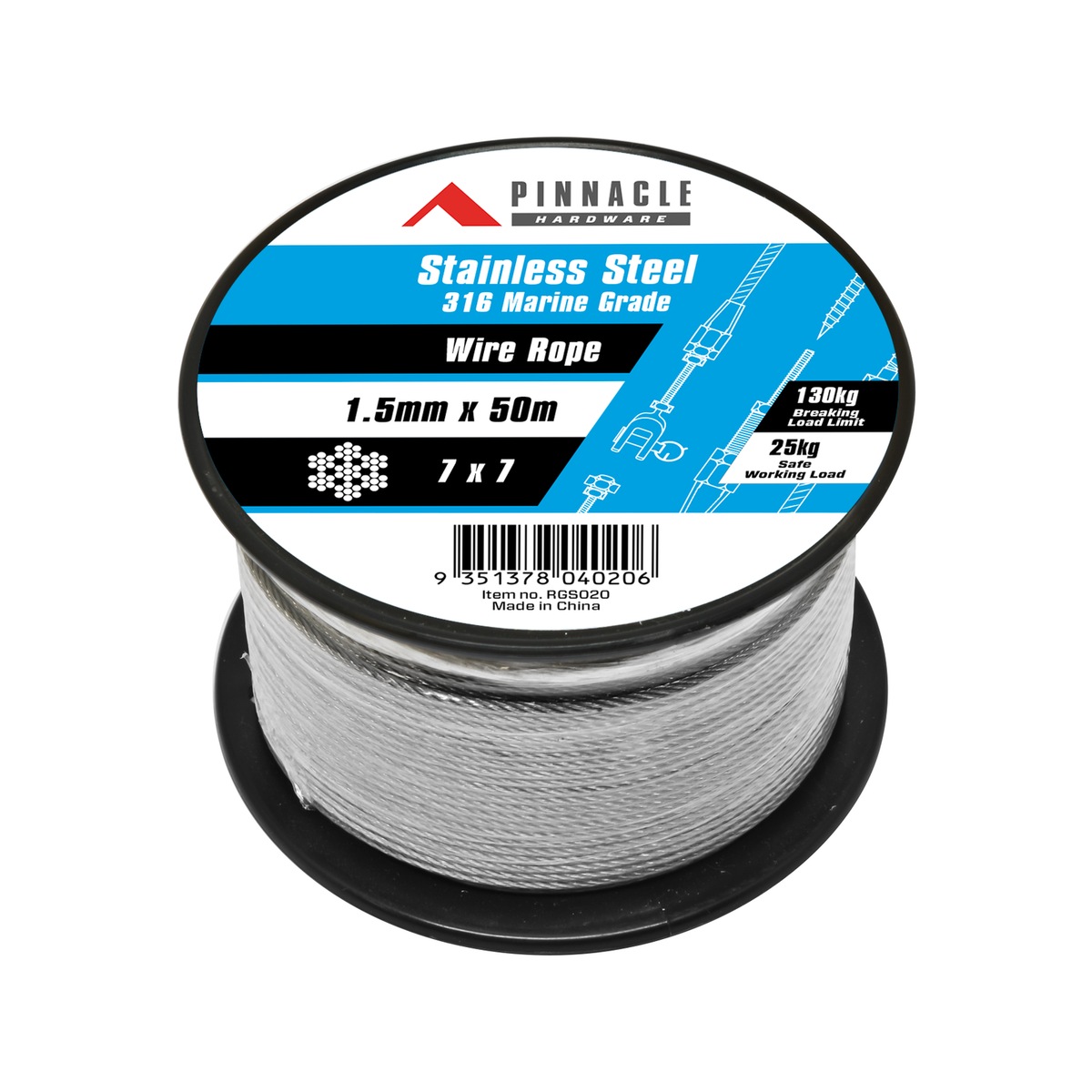 Pinnacle 1.5mm x 50m 316 Stainless Steel Wire Rope, Silver