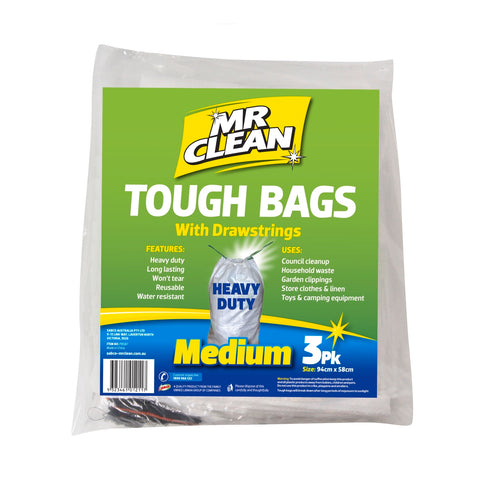 Mr Clean Heavy Duty Tough Garbage Bags with Drawstring, 3 Pack, White Polypropylene