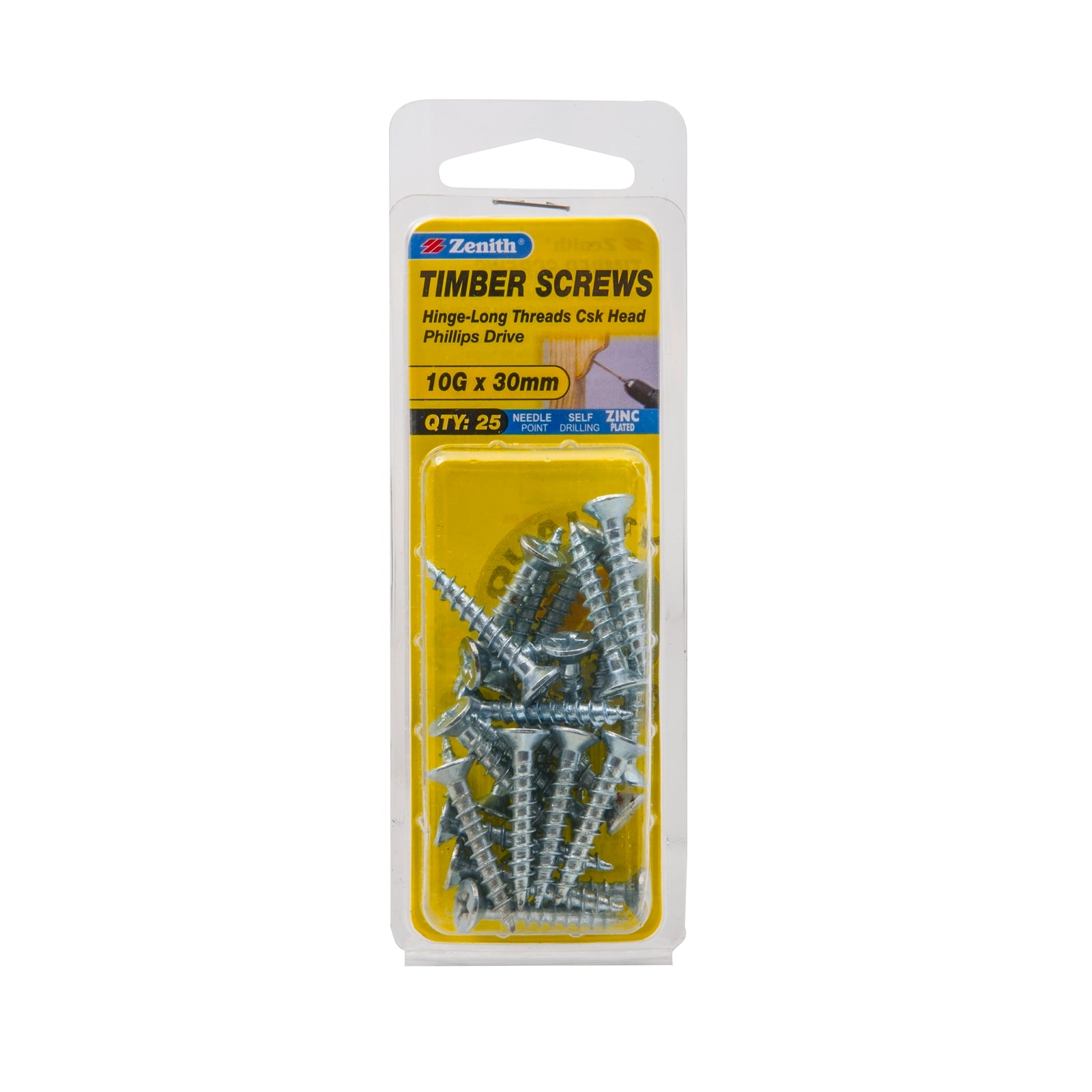 Zenith 10G x 30mm Zinc Plated Hinge-Long Thread Countersunk Timber Screws, 25 Pack