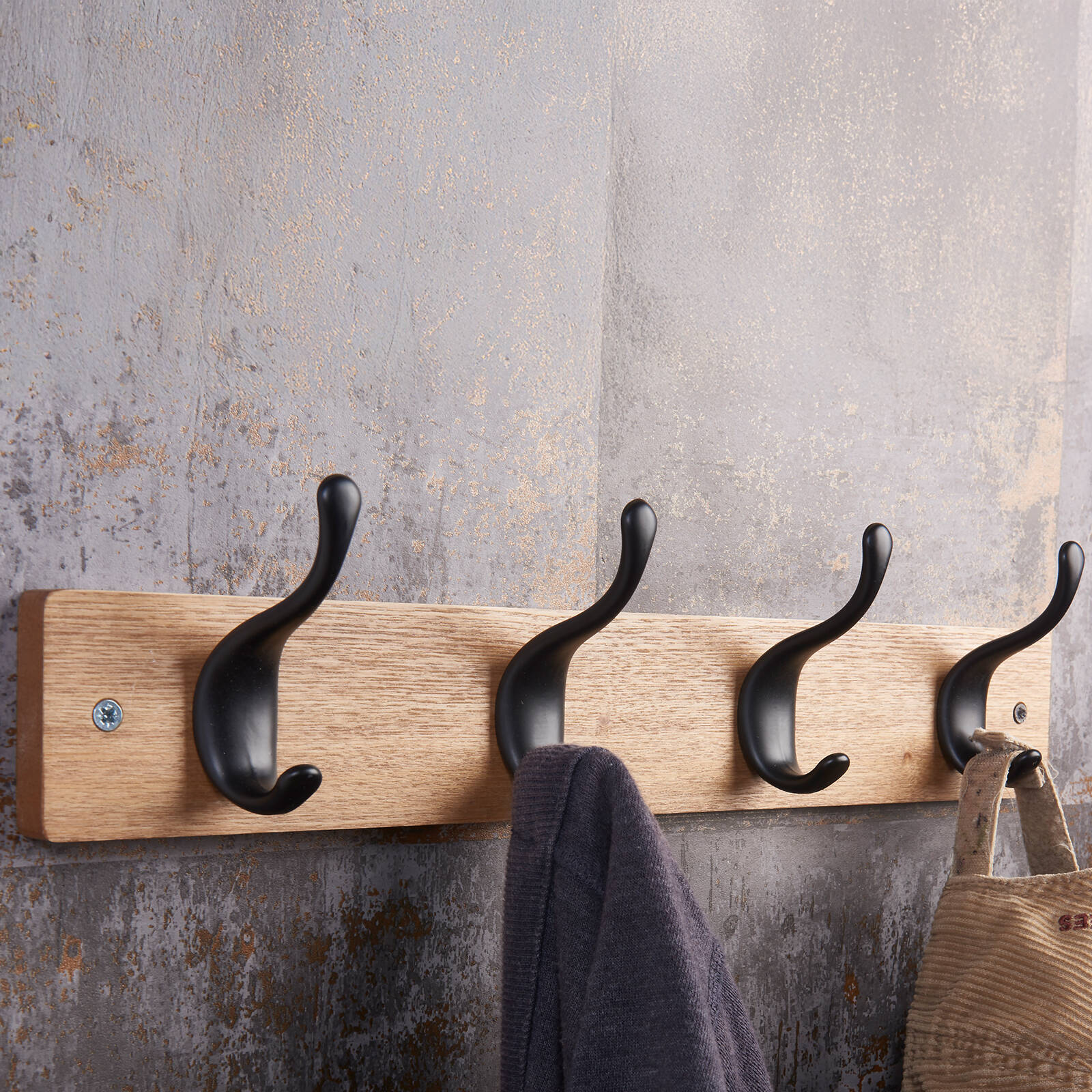 Adoored 4 Double Black Hook Pine Board Decorative Hook Rack, Timber/Steel
