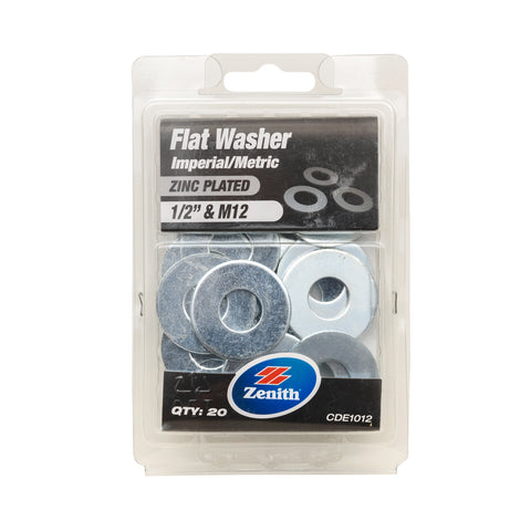 Zenith 1/2" & M12 Zinc Plated Flat Washer - 20 Pack, Round Steel