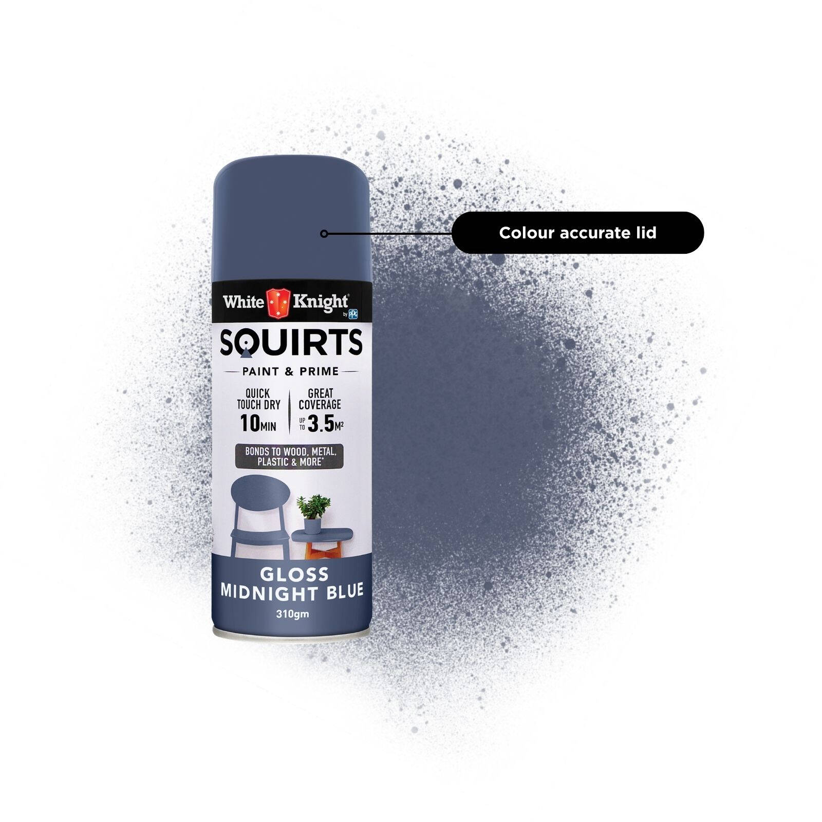 White Knight Squirts Midnight Blue Gloss Spray Paint 310g - Solvent-Based, Waterproof