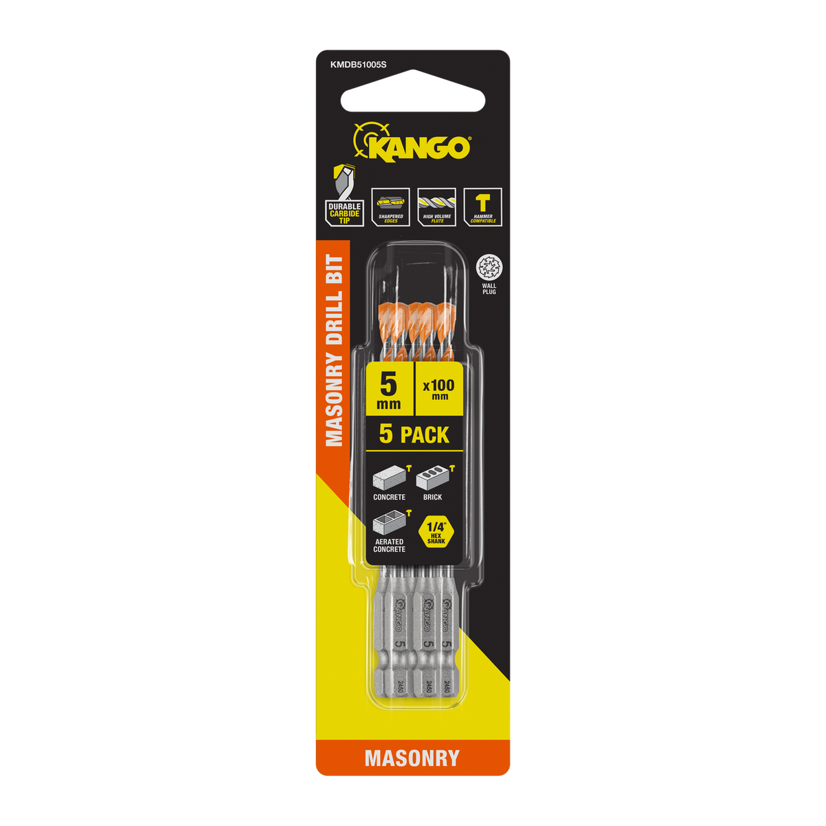 Kango 5 x 100mm Masonry Drill Bit 5 Pack - 1/4" Hex Carbide Tip for Concrete & Brick
