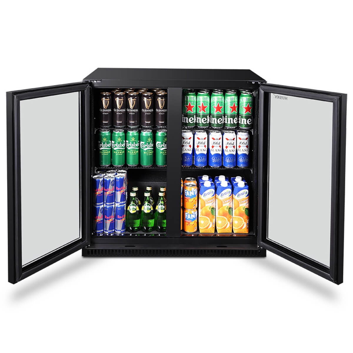 Husky 203L double door home bar fridge - black, adjustable shelves, LED lighting - C2HHMBBKAU