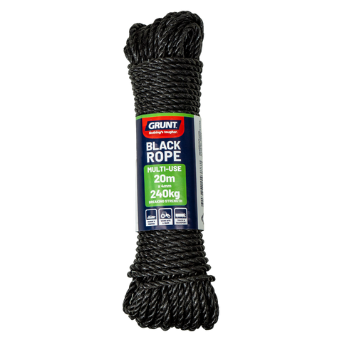 Grunt 4mm x 20m Multi Purpose Rope, Black Polypropylene, Weather Resistant, 240kg Break Strength