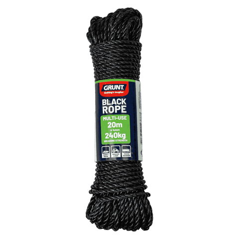 Grunt 4mm x 20m Multi Purpose Rope, Black Polypropylene, Weather Resistant, 240kg Break Strength