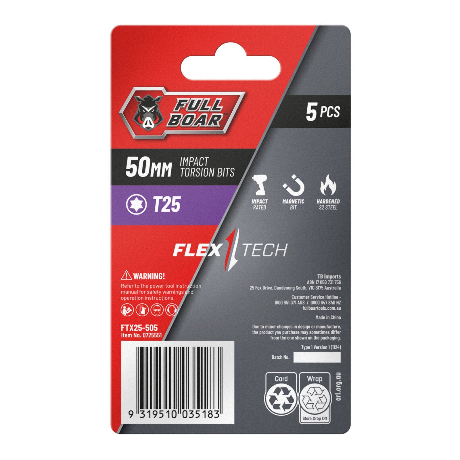 Full Boar T25 x 50mm Impact Torsion Bits Set - 5 Pack, S2 Steel, 1/4" Hex