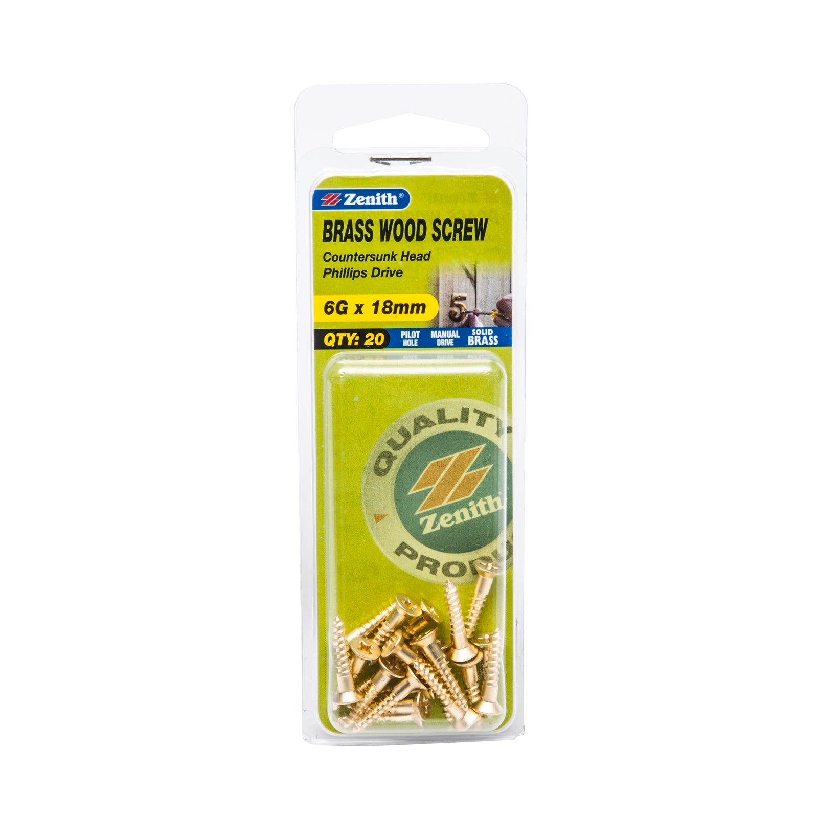 Zenith 6G x 18mm Solid Brass Countersunk Head Wood Screws, Needle Point, 20 Pack