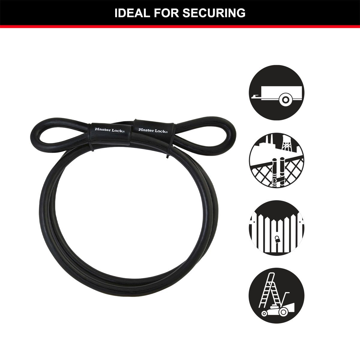 Master Lock 10mm x 4.6m Loop-Ended Braided Steel Cable, Vinyl-Coated, Black