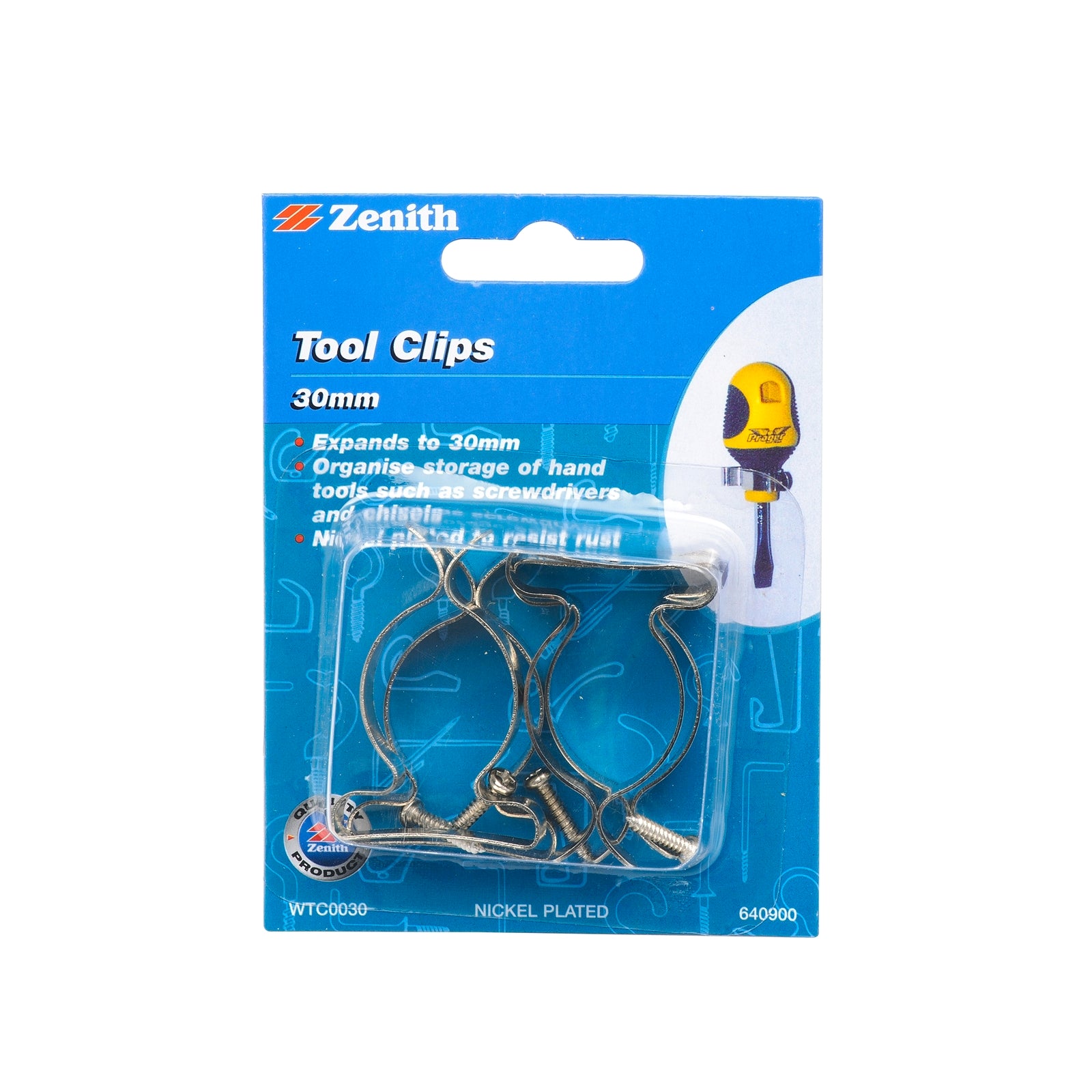 Zenith 30mm Nickel-Plated Steel Tool Clips, 4 Pack, Wall Storage