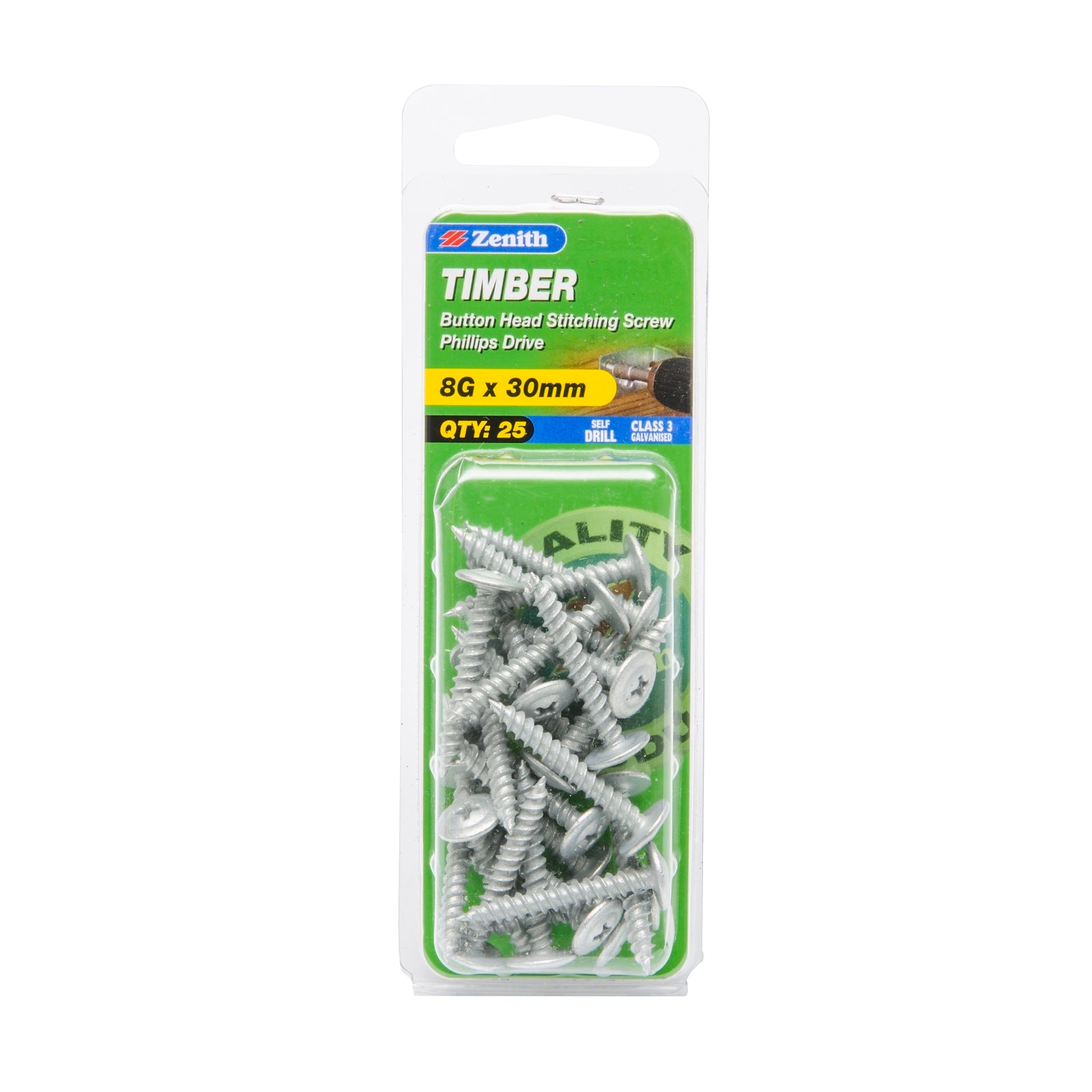 Zenith 8G x 30mm Galvanised Button Head Stitching Timber Screws - 25 Pack