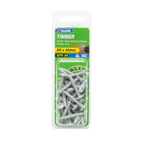 Zenith 8G x 30mm Galvanised Button Head Stitching Timber Screws - 25 Pack