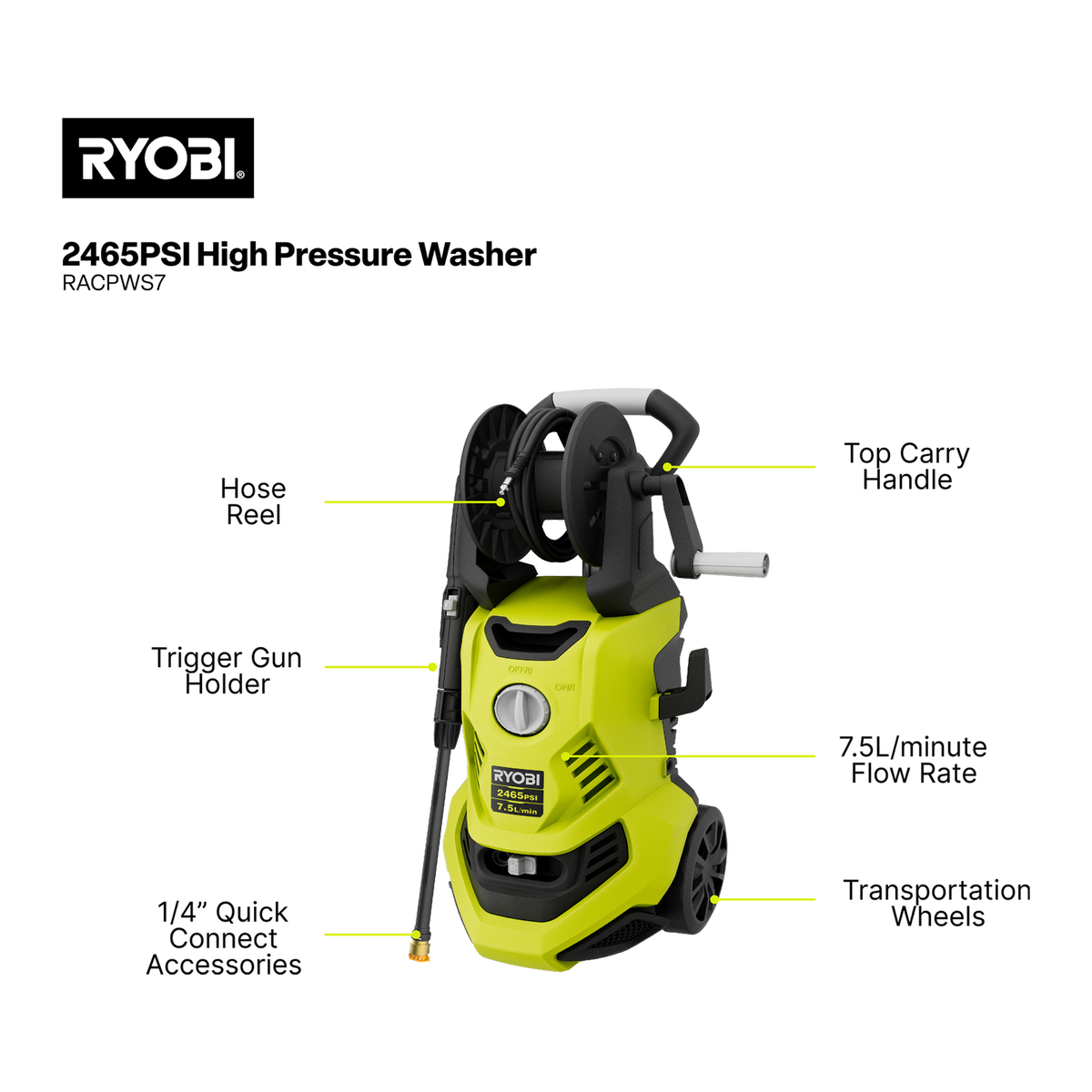 Ryobi 2465 PSI High Pressure Washer 7L/min with Integrated Wheels