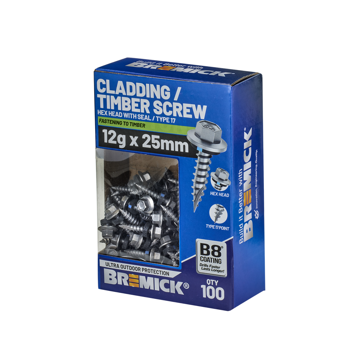 Bremick Hex Cladding Screw 12g x 25mm - 100 Pack - Corrosion Resistant - SuperSaverAU - view 1