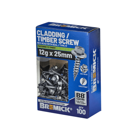 Bremick 12g x 25mm Hex Cladding Screw, Carbon Steel B8 Coating, Sealed Head Type 17 Point - 100 Pack