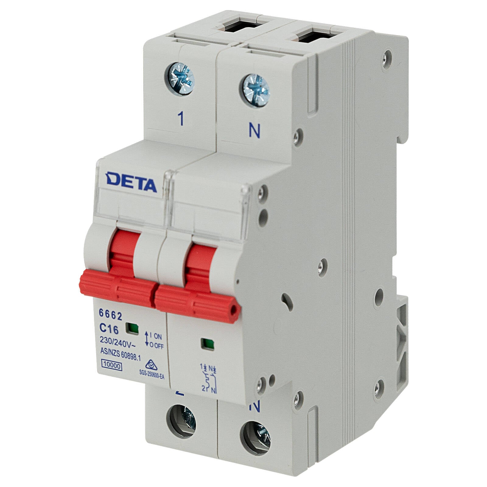 DETA 16A Single Phase MCB 1P+N C Curve 10kA Circuit Breaker 6662B-16B - Nylon