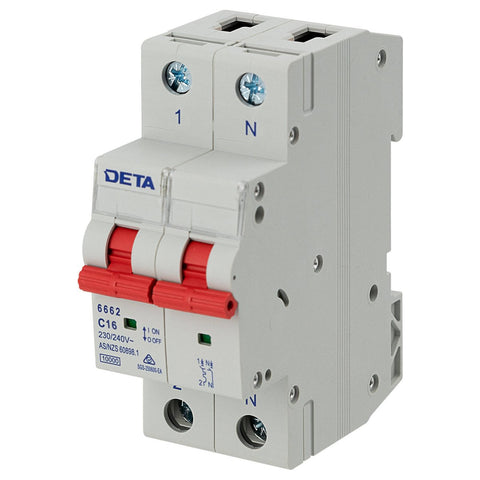 DETA 16A Single Phase MCB 1P+N C Curve 10kA Circuit Breaker 6662B-16B - Nylon