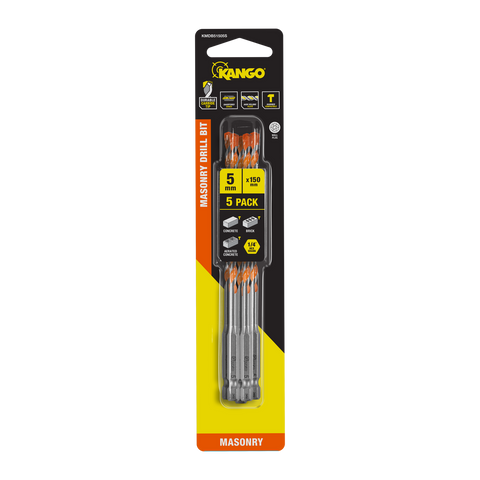 Kango 5 x 150mm Masonry Drill Bit 5 Pack - 1/4" Hex Carbide Tip for Concrete & Brick