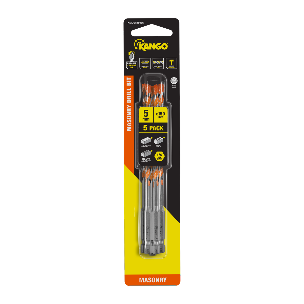 Kango 5 x 150mm Masonry Drill Bit 5 Pack - 1/4" Hex Carbide Tip for Concrete & Brick