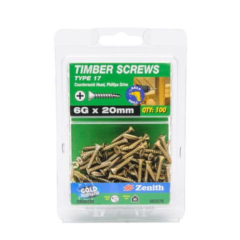 Zenith 6G x 20mm Gold Type 17 Countersunk Timber Screws - 100 Pack