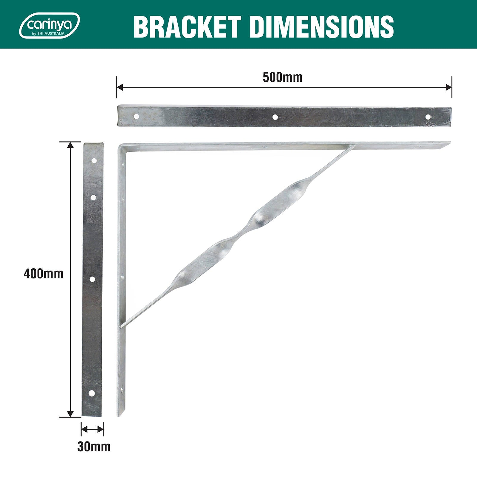 Carinya 500 x 400mm Galvanised Heavy Duty Twisted Stay Bracket, 400kg Capacity