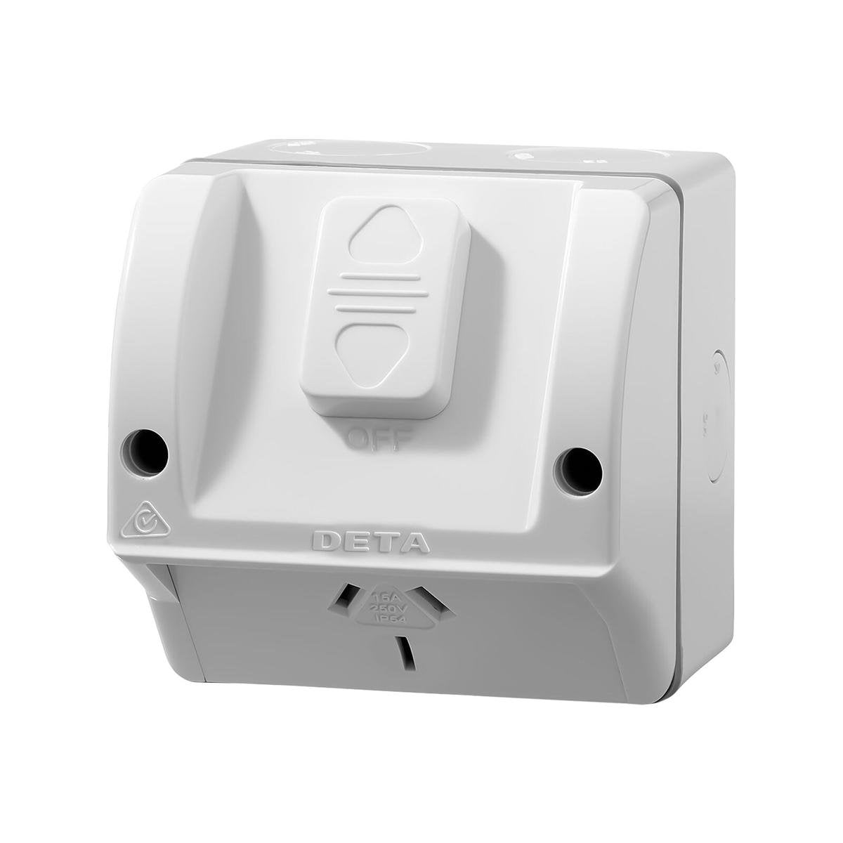 DETA Single Outlet Outdoor Powerpoint, 250V 15A, White Polycarbonate, IP54