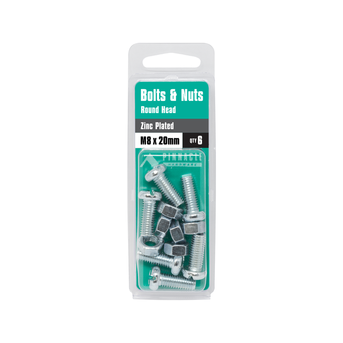 Pinnacle M8 x 20mm Zinc Plated Round Head Bolts and Nuts - 6 Pack