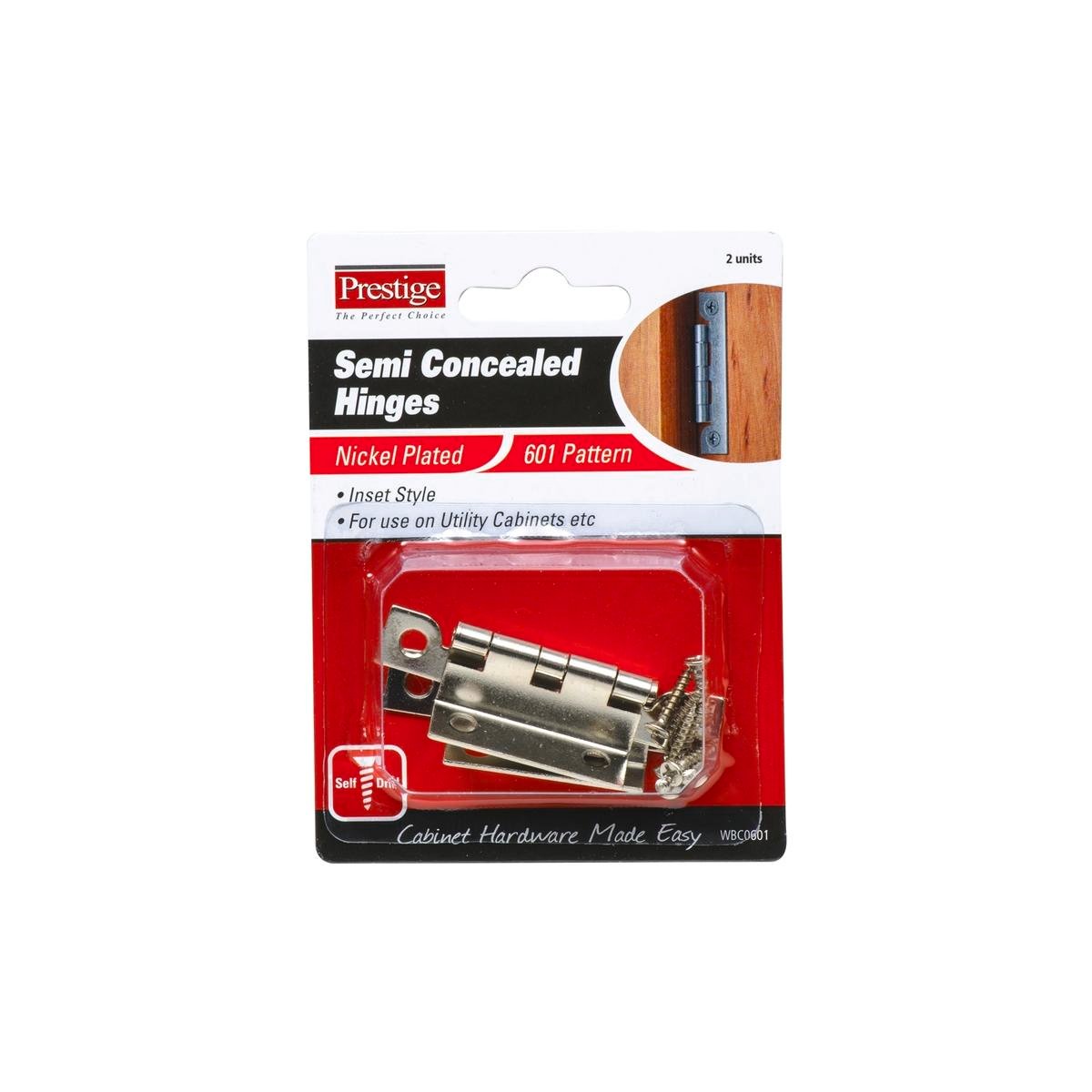 Prestige 65mm Nickel Plated Semi Concealed 601 Pattern Cabinet Hinge, 2 Pack