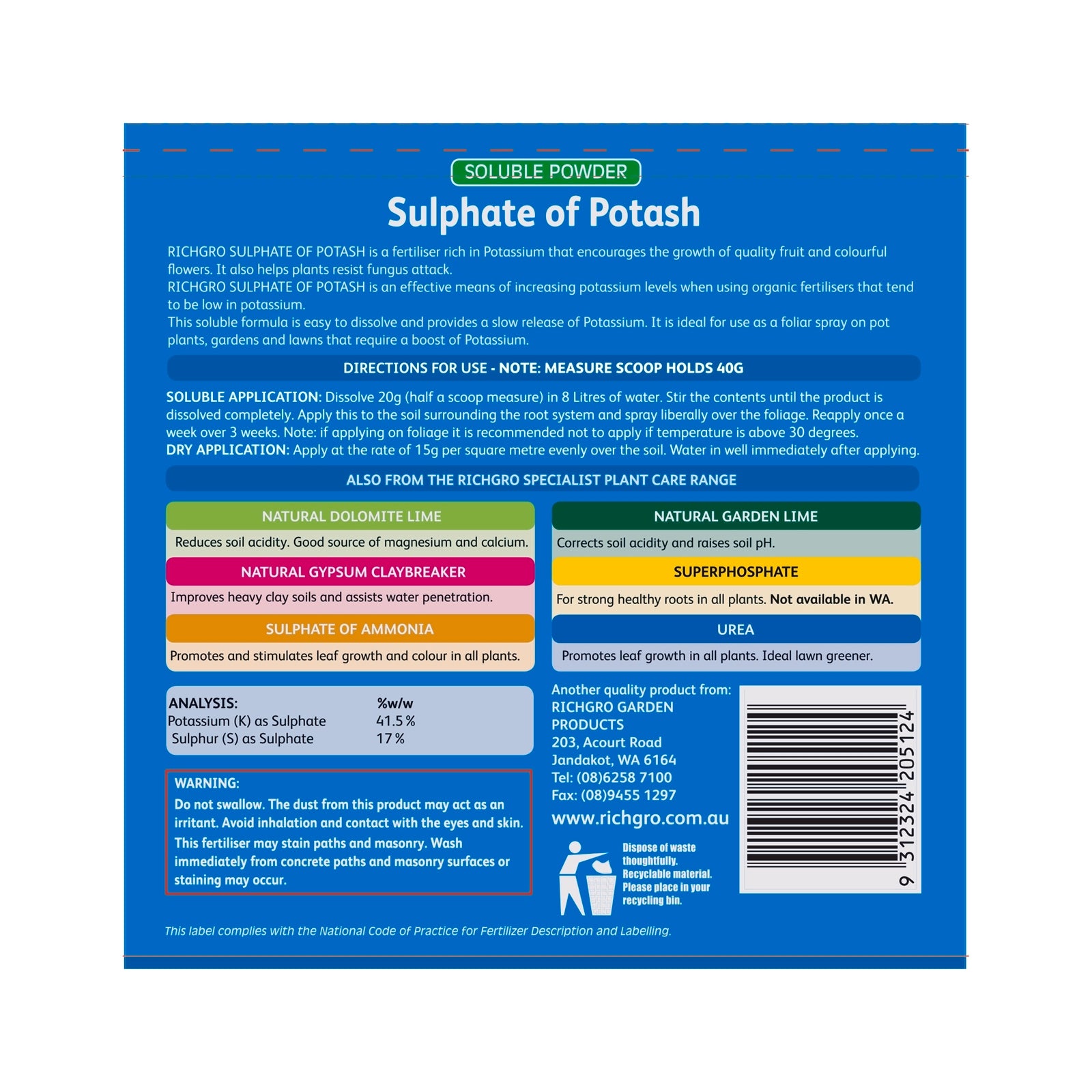 Richgro 1kg Sulphate of Potash Soluble Powder, Water Soluble & Safe for Vegetables