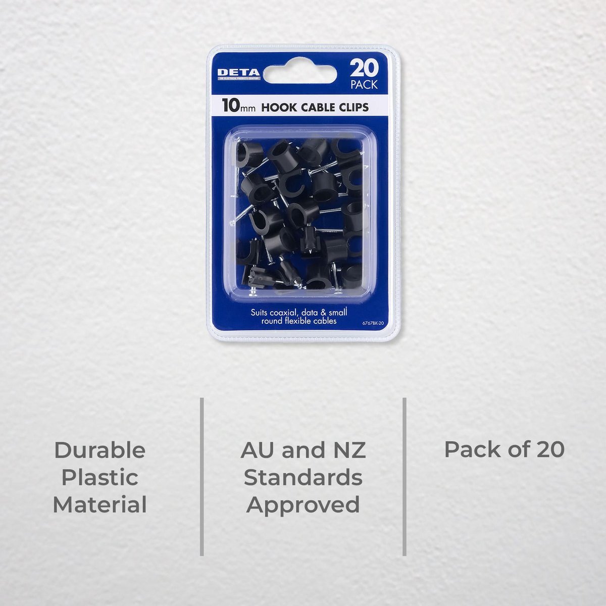 DETA 10mm Black Hook Cable Clips Plastic 20 Pack