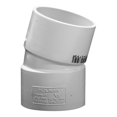 Holman 40mm 15° Female to Female PVC DWV Plain Bend, Grey Underground