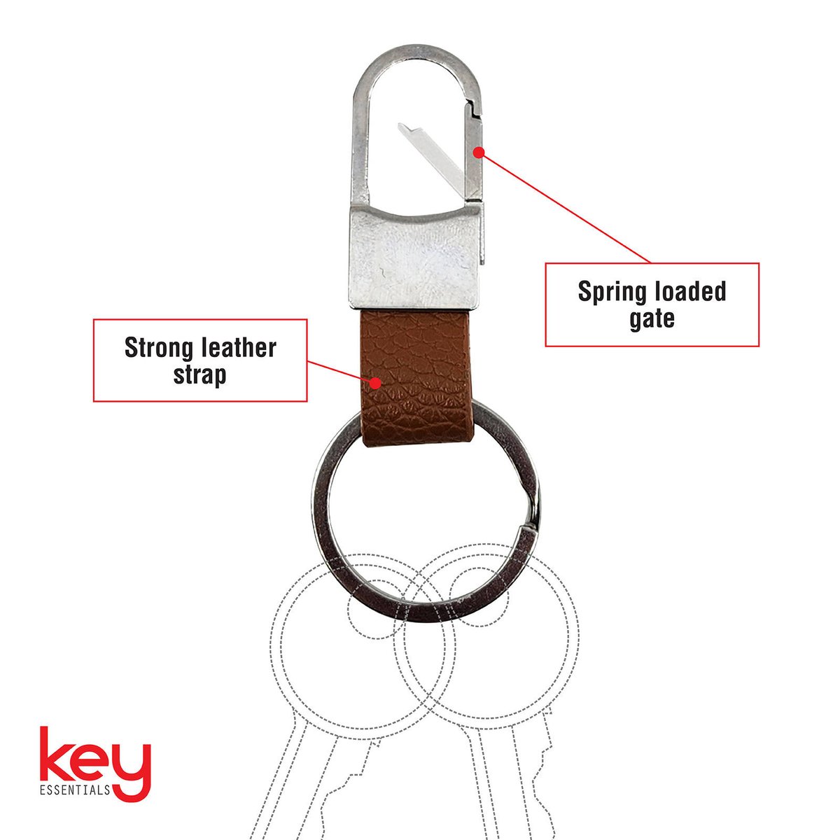 Key Essentials Key Ring and Strap - Metal and Leather - 75mm x 6.6mm x 30mm - Durable and Stylish - SuperSaverAU - view 2