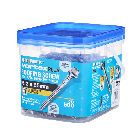 Bremick 6.2 x 65mm Vortex Plus Roofing Screw with Seal, Hex Head Fine Thread - 500 Box