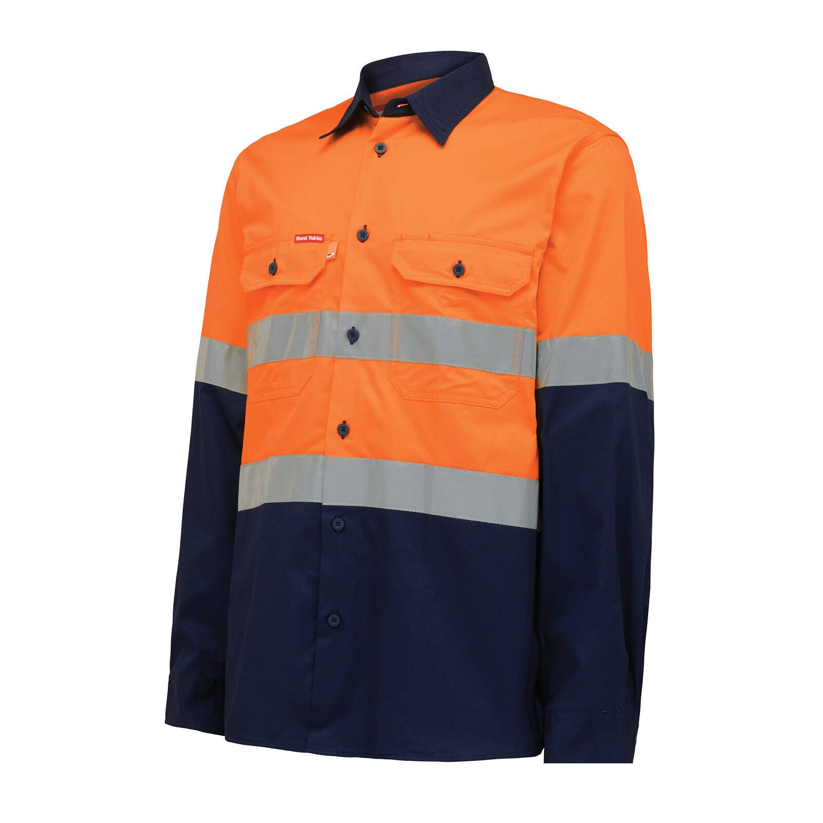 Hard Yakka Orange/Navy Hi Vis Taped Long Sleeve Cotton Shirt Size L