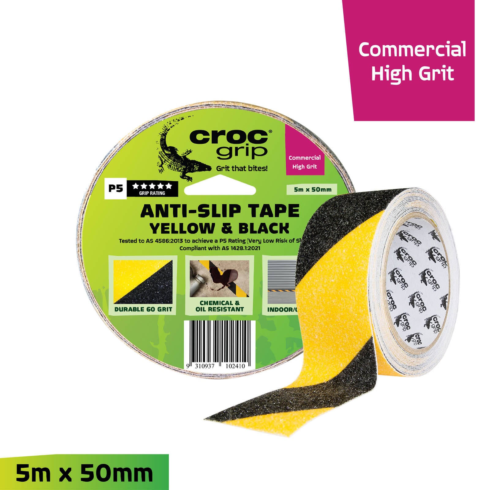 Croc Grip 5m x 50mm Anti-Slip Tape, Yellow & Black High-Visibility