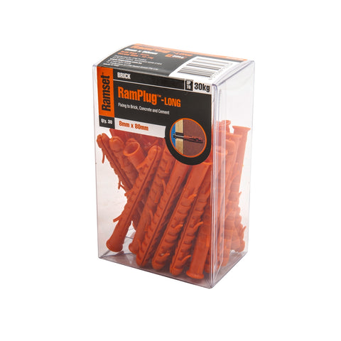 Ramset 8 x 80mm Long RamPlug Nylon Anchor, Orange - 30 Pack