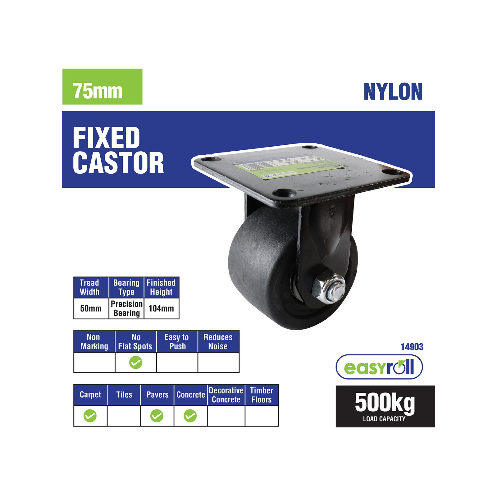 Easyroll 75mm Black Nylon Fixed Machine Castor, 500kg Load